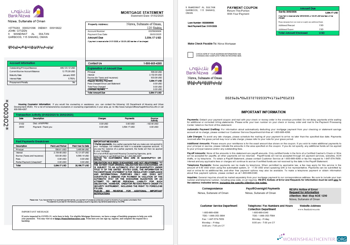 Download Omani Bank Nizwa mortgage statement in Word and PDF formats 1 3 Photoshop template